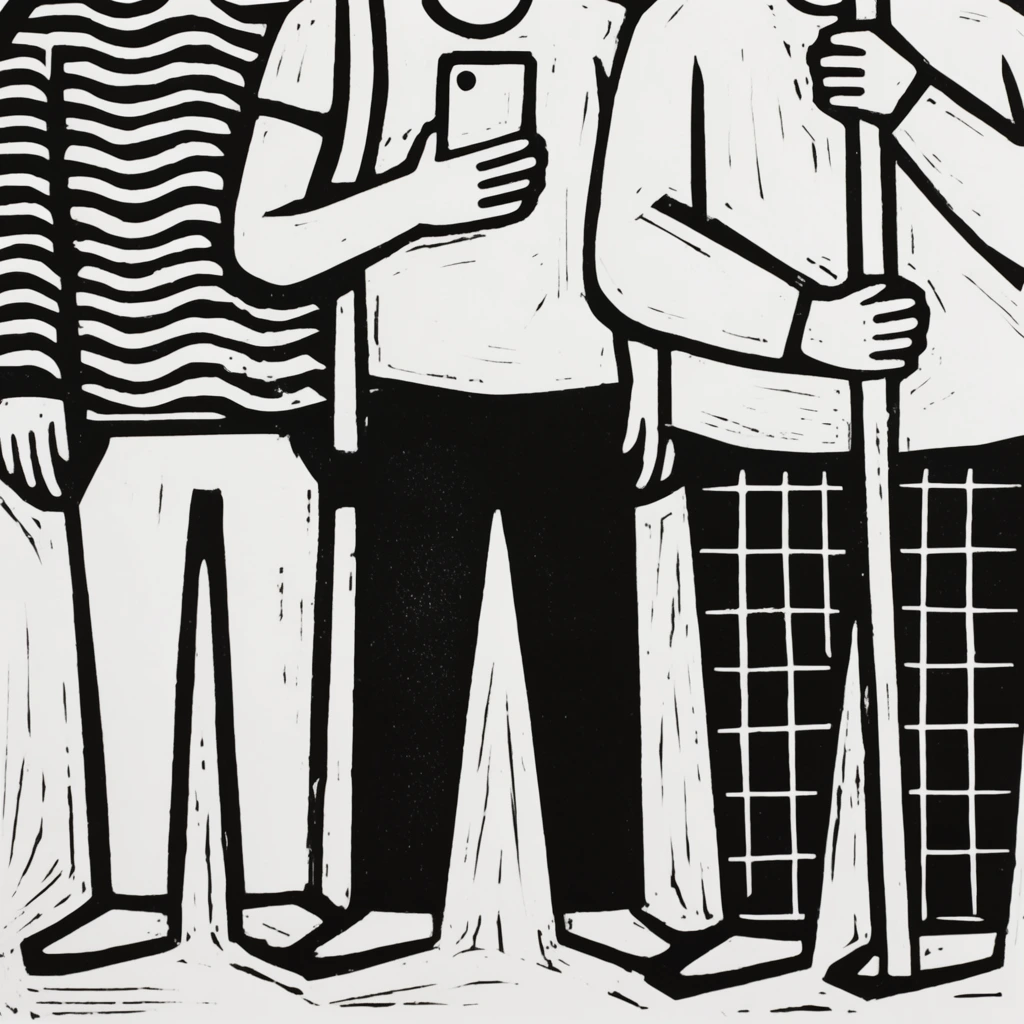 black and white linocut print of packed standing figures cropped from the neck down, thick bold outlines, striking high contrast graphic shapes, visible carving gouge marks in white negative space, hands holding a smartphone and gripping a vertical pole, stark geometric clothing patterns of wavy stripes and grids, flat stylized composition, stark monochromatic palette, raw printmaking texture
