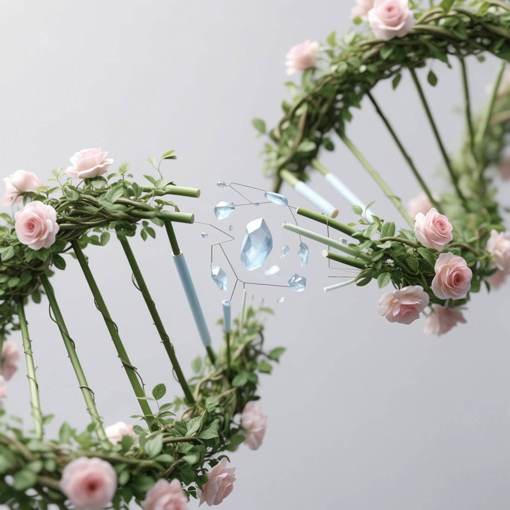 A botanical double helix structure crafted from green vines and pale pink roses floats against a minimalist light gray background. The twisting backbones of leafy stems and blooming roses are connected by straight green twigs. In the sharp foreground center, a fragmented section breaks away, revealing a precise geometric arrangement of thin wires, floating cylindrical stem segments, and translucent faceted light blue crystals. A shallow depth of field blurs the distant curves to emphasize this crystalline center. Soft diffused lighting highlights the photorealistic rendering and delicate pastel color palette.