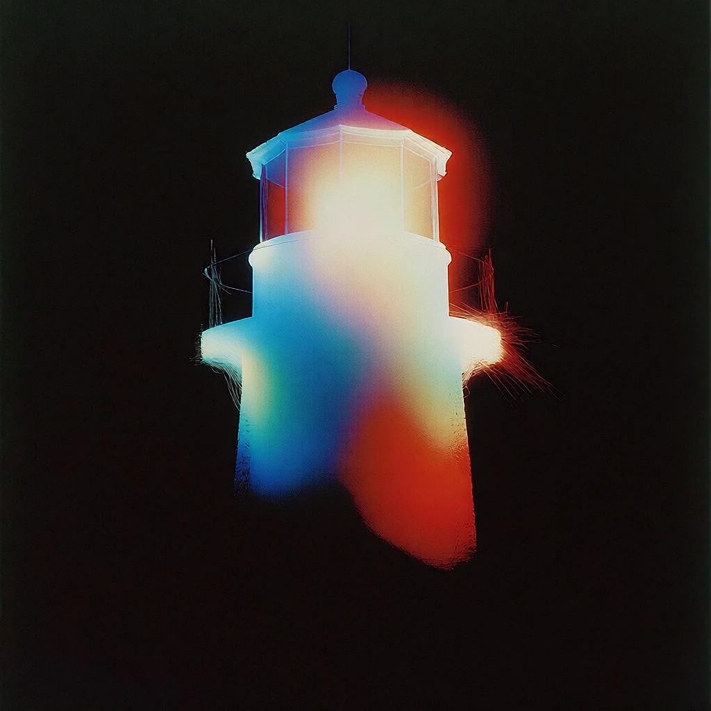 minimal silhouette of a lake erie lighthouse centered against a void-like matte black background, internal glow featuring saturated cyan and electric blue gradients, searing blood orange light leaks, blown-out incandescent white highlights at the top, soft-focus diffusion with ethereal halos, heavy chromatic aberration on sharp edges, 35mm analog film grain, retro-futuristic poster aesthetic, thermal imaging color palette, high-contrast chiaroscuro, atmospheric haze, dreamlike distortion.