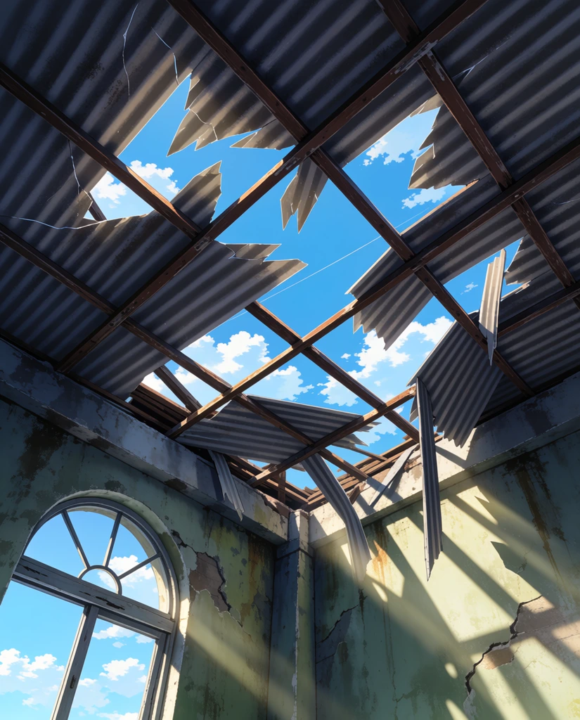 collapsed roof viewed from below, shattered corrugated panels, exposed beams, clear blue sky through gaps, weathered green concrete walls, arched window frame, sunlight shafts, anime background art style