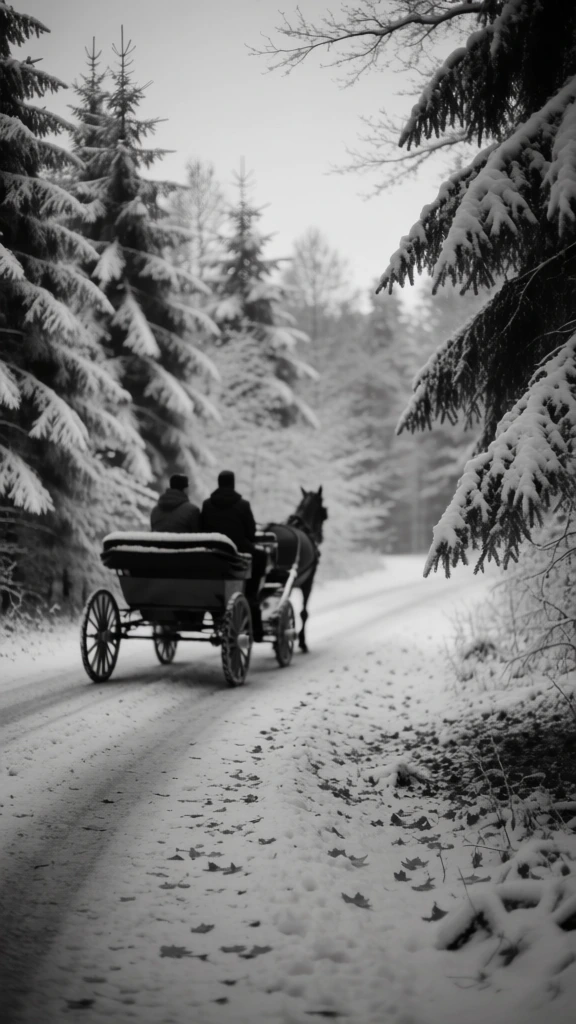 horse drawn carriage in snowy forest, black and white photography, moody wintry nostalgic atmosphere
