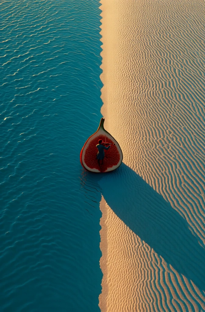 top-down aerial perspective, minimalist bisected composition, deep teal garden water on one side, sun-drenched textured sand with rhythmic ripples on the other, a central vertical dividing line, a tiny violinist playing inside a giant sliced open fig floating at the boundary, high-contrast low-angled sunlight creating sharp shadows, rich emerald and warm gold tones, cinematic editorial aesthetic, serene surrealism, fine repetitive textures, vibrant complementary color palette.