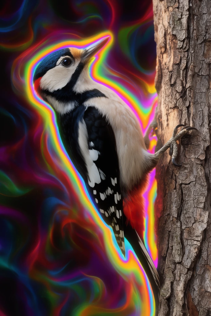 woodpecker clinging to a tree trunk, vibrant neon rainbow aura outlining its silhouette, dark background with glowing colorful abstract swirls, highly detailed bark, surreal digital art