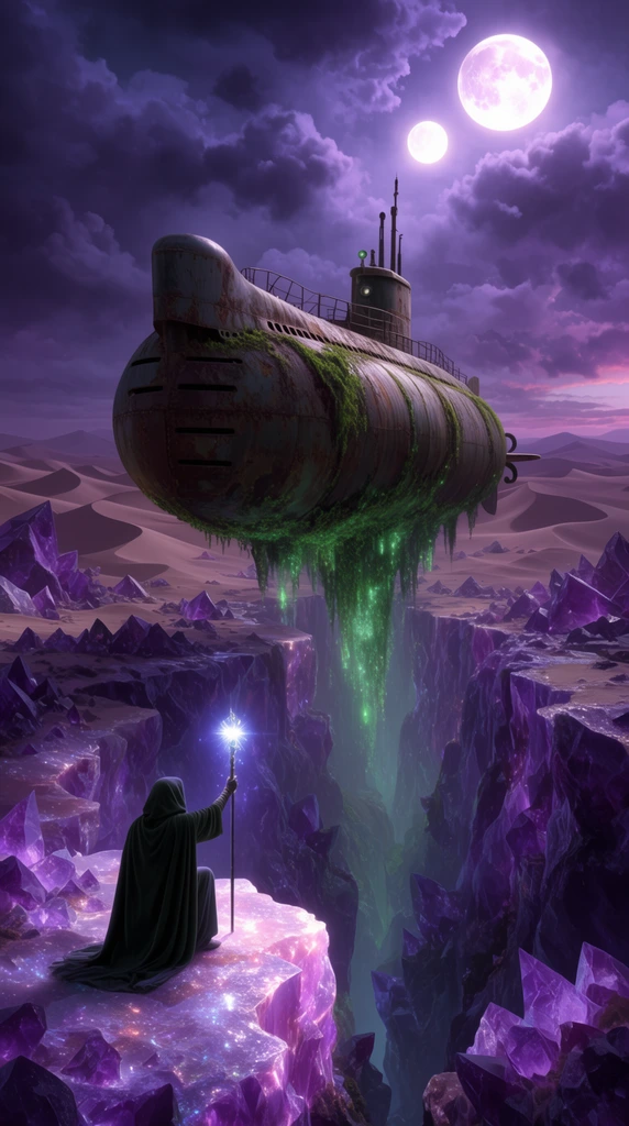 A cloaked figure kneels on a glowing crystalline canyon edge, pointing a radiant staff downwards. A massive, rusted cylindrical submarine levitates upwards from the deep gorge, dripping with glowing green moss. The surrounding environment is a vast desert of jagged amethyst dunes under a twilight sky thick with purple clouds and twin bright moons. Cinematic wide-angle framing emphasizes the grand scale of the floating vessel against the alien landscape, bathed in dramatic, moody lighting.