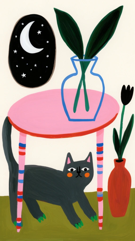 A whimsical, flat gouache-style illustration of a dark grey cat with orange cheek dots and green claws stretching beneath a round pink table. The table stands on slender pink legs banded with red and blue stripes. Upon the table rests a stylized, blue-outlined transparent vase holding two large dark green leaves. To the left, a black oval frames a night sky scene with a white crescent moon and stars. On the olive green floor to the right sits a tall reddish-orange vase containing a single black tulip. Set against an off-white background, the artwork highlights textured brushstrokes, vibrant colors, and naive proportions.