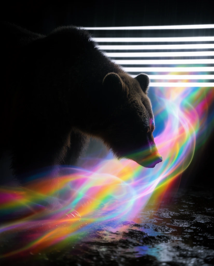 A dark silhouette of a bear stands in a shadowy setting, illuminated by swirling streaks of vibrant rainbow light. The bear faces right with its head lowered, its coarse fur heavily shadowed. Ethereal ribbons of luminous neon colors sweep across the foreground, washing over the bear's snout and the wet, reflective ground. Behind the animal, stark white horizontal bars of light resemble illumination filtering through slatted blinds against the pitch-black surroundings. The composition merges high-contrast surreal photography with dramatic long-exposure light painting effects.