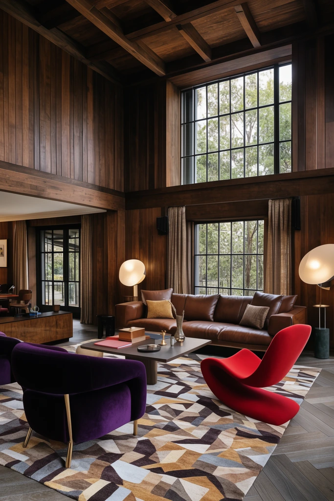 Luxurious split-level modern living room, rich dark wood paneled walls, high beamed ceilings, brown leather sofa, purple velvet armchair, red sculptural chair, geometric rug, large grid windows framing trees, modern ambient lamps, elegant interior photography, warm earthy tones