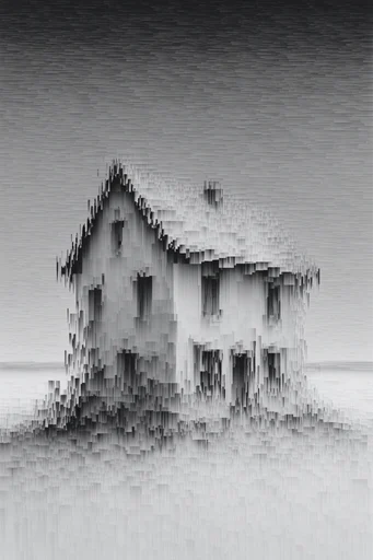 Monochrome Glitch Surrealism style reference image — digital decay