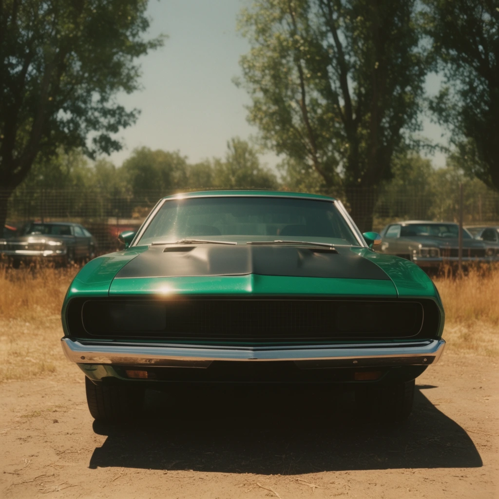 emerald green retro muscle car with a matte black hood, direct head-on perspective, aggressive dark grille with hidden headlights, heavy chrome front bumper, parked centrally in a dry dirt lot, harsh midday sunlight gleaming on polished metal surfaces, cinematic wide framing, vintage analog film photography, warm color grading, tall leafy trees framing the background, soft focus silhouettes of classic sedans parked along a wire fence, dry grassy edges