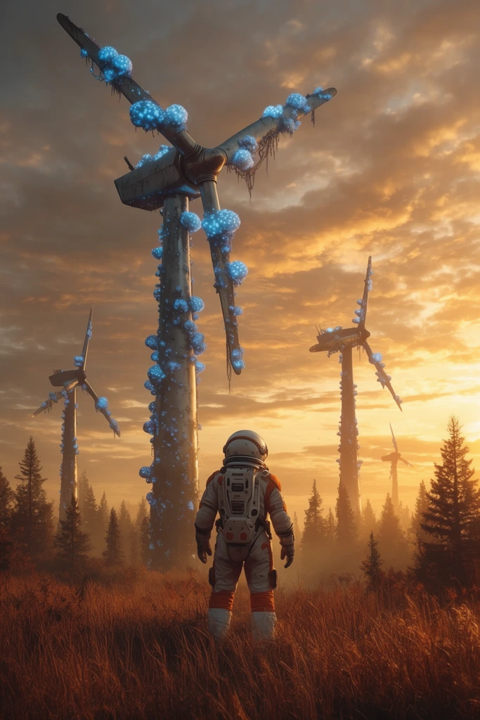 lone astronaut in a bulky white and orange spacesuit standing with back to camera, looking toward colossal metallic wind turbines, turbines draped in glowing blue bioluminescent fungus, tall dry autumn grass in the foreground, silhouetted pine trees in the midground, dramatic golden hour sunset through striated clouds, warm amber and gold lighting, atmospheric haze, sweeping cinematic composition, ultra-wide angle, majestic desolate atmosphere, photorealistic
