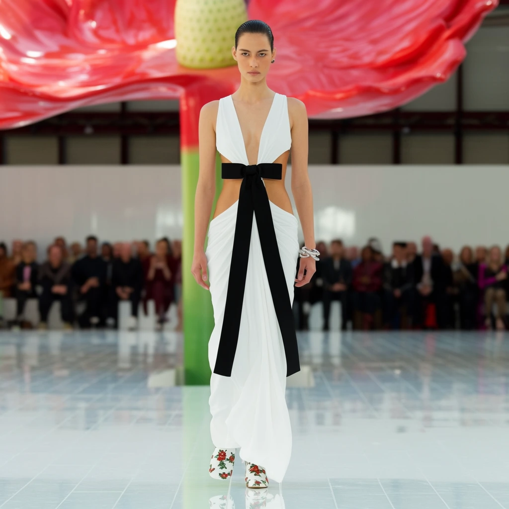 A high-fashion model strides down a glossy runway wearing a striking white cutout dress anchored by a large black bow. The model has slicked-back dark hair and a serious expression. Her white gown includes a plunging V-neck, expansive side cutouts exposing the midriff, and a draped, flowing skirt. A prominent black bow sits at the center waist with long ribbons trailing down the front. She wears a chunky silver bracelet and white shoes patterned with red and green floral motifs. The brightly lit runway features a highly reflective white-tiled floor. Looming directly behind the model is an oversized, glossy red flower sculpture with a thick green and yellow center. A shallow depth of field renders the seated audience in a soft blur on either side, emphasizing the sharp foreground focus, vibrant color contrast, and crisp editorial runway photography style.