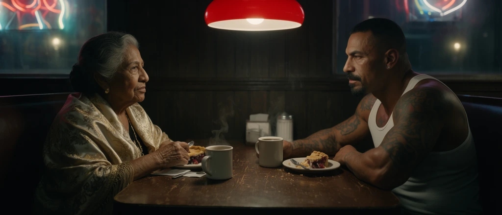 elderly Hispanic woman draped in an elegant silk shawl and a muscular tattooed man wearing a white tank top sitting across from each other in a dark diner booth, steaming coffee mugs and plates of half-eaten pie on a scratched wooden table, illuminated by a vivid red overhead pendant lamp, dark wood-paneled walls, blurred glowing neon shapes shining through a window in the background, cinematic low-key lighting, moody atmospheric shadows, intimate medium shot