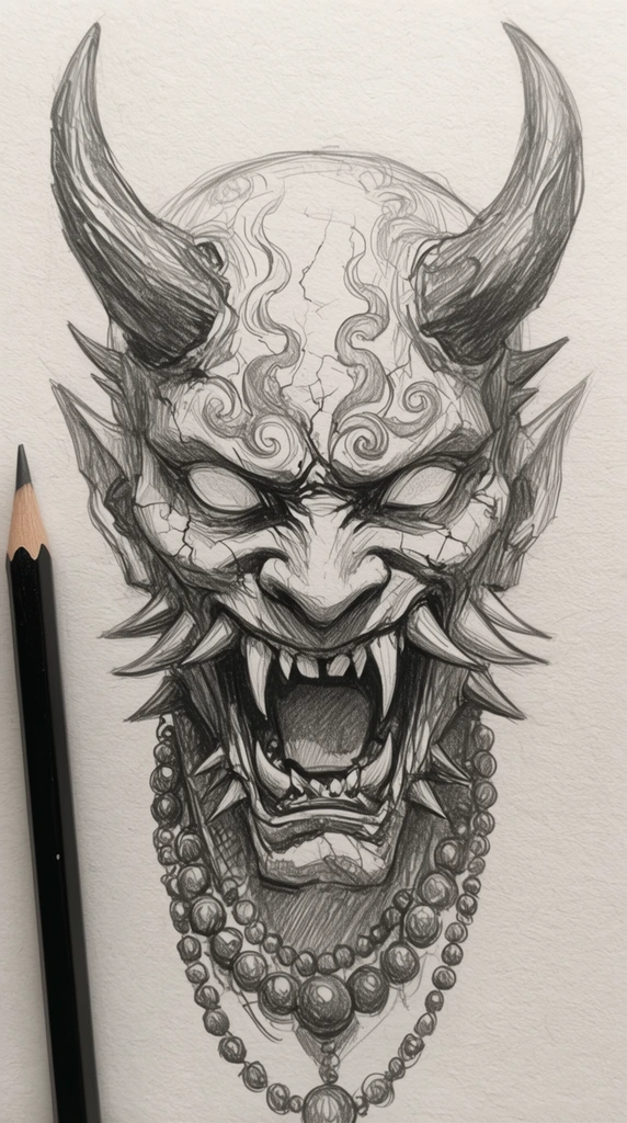 Detailed graphite sketch on textured paper of a snarling demonic mask, accompanied by a black pencil resting vertically on the left edge. The dark fantasy creature features blank eyes, jagged fangs, and thick curving horns. Intricate cross-hatching shades the cracked skin, swirling smoke motifs, sharp facial spikes, and a heavy bead necklace draped below the open jaw.