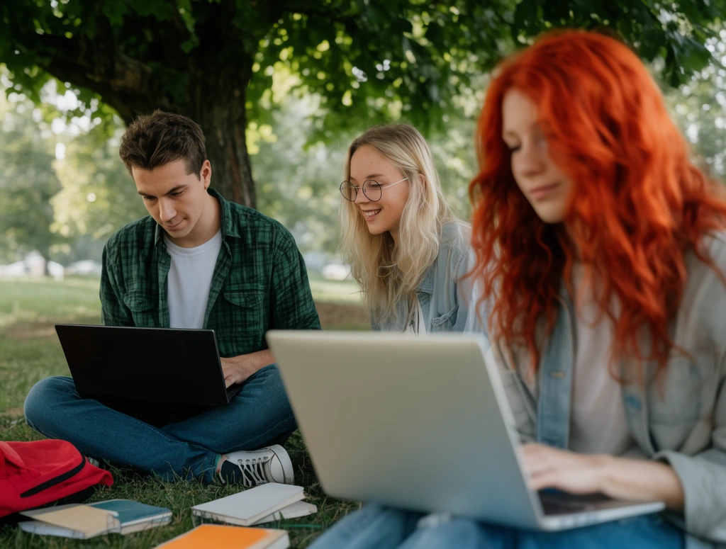 Three young adults study on grass beneath a large tree. In the blurred foreground, a figure with vibrant wavy red hair holds a silver laptop. Beside them, a man in a green plaid shirt focuses on a black laptop, while a blonde woman with round glasses smiles at the screen. Soft natural light illuminates this candid lifestyle shot, using a shallow depth of field to highlight the midground subjects, a shaded canopy, scattered books, and a red backpack.