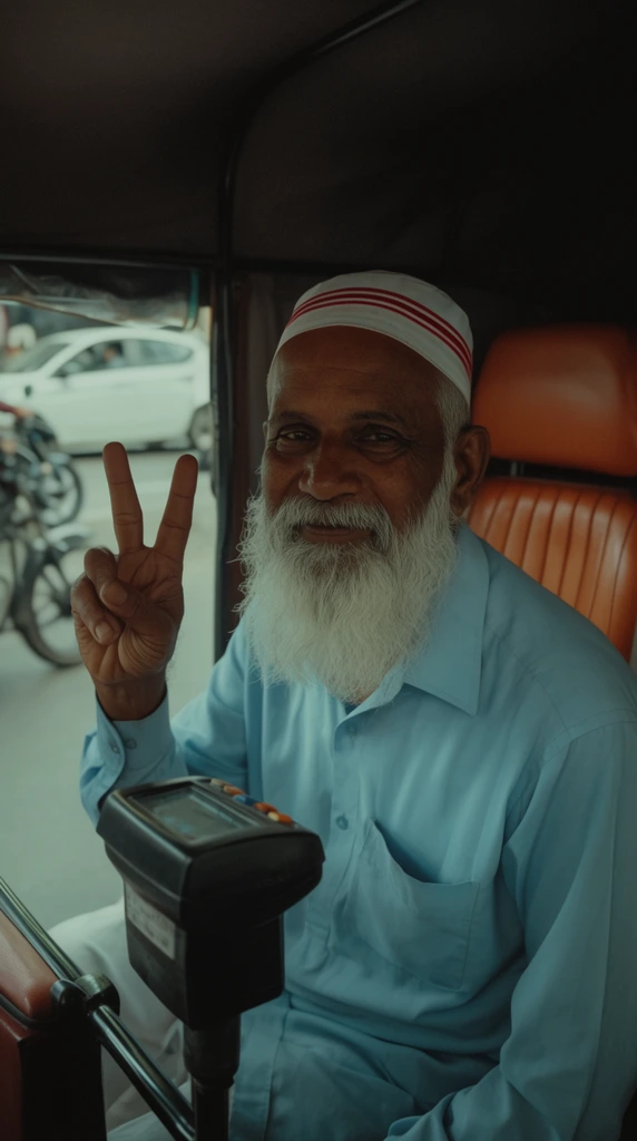 elderly South Asian man inside an auto-rickshaw cabin, prominent thick white beard, white skullcap with red stripes, light blue collared shirt, right hand making a peace sign, gentle expression, weathered face, black fare meter in foreground, ribbed orange leather passenger seat behind him, side opening revealing blurred street scene with a white car and motorcycle, muted natural daylight, moody cinematic color grading, shallow depth of field, documentary portrait photography