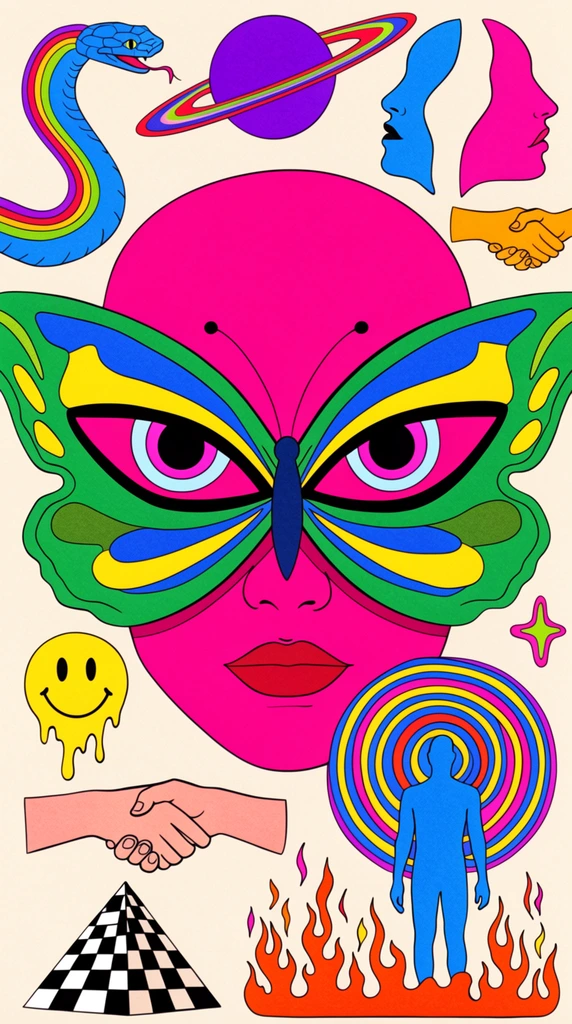 A vibrant psychedelic pop-art illustration centering on a bright magenta face obscured by a large symmetrical butterfly mask with intense graphic eyes and green, yellow, and blue wings. The cream background is densely collaged with surreal floating icons, including a rainbow-maned blue snake, a ringed purple planet, disconnected blue and pink profile faces, a melting yellow smiley, shaking hands, a checkered pyramid, and a blue human silhouette enclosed in concentric rings above stylized flames. The composition is rendered with bold black outlines, vivid neon color blocking, and a subtle stippled grain texture.