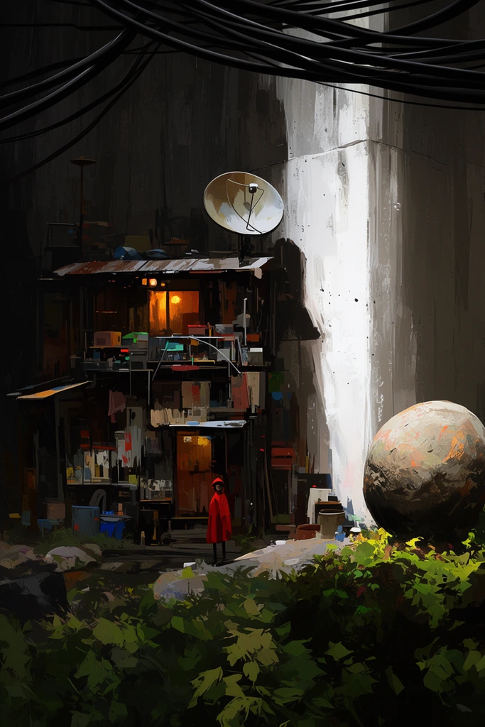dystopian sci-fi alleyway digital painting, cluttered multi-level shack emitting warm light, small figure in a red coat, large concrete wall with stark white illumination, thick black overhead cables, foreground foliage, spherical textured boulder, satellite dish, heavy brushstrokes, chiaroscuro lighting
