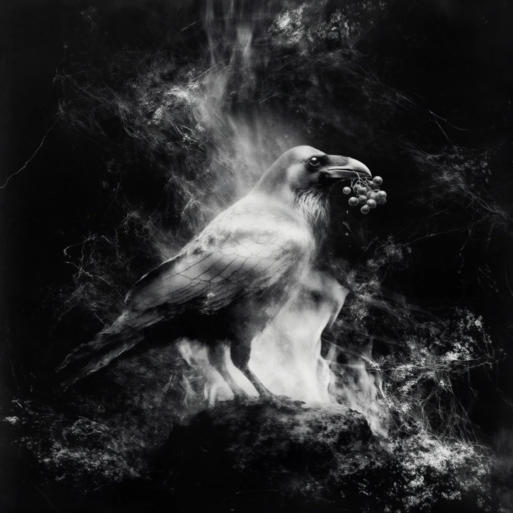 monochromatic chiaroscuro, ethereal long-exposure photography, a raven holding berries in its beak stands on a rock in front of flames rendered as chaotic light-streaks and spectral blur, high-contrast black and white, gritty crystalline textures, ghosting effects, fibrous charcoal-like smudging, deep negative space, luminous highlights emerging from obsidian shadows, visceral motion artifacts, chemical distortion aesthetic, central composition.