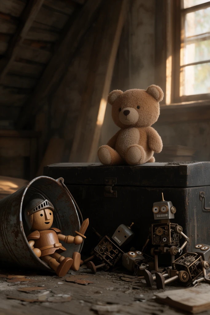 plush bear sitting on dark chest, wooden knight toy trapped under rusted bucket, broken clockwork robots, dim dusty attic, soft afternoon sunlight