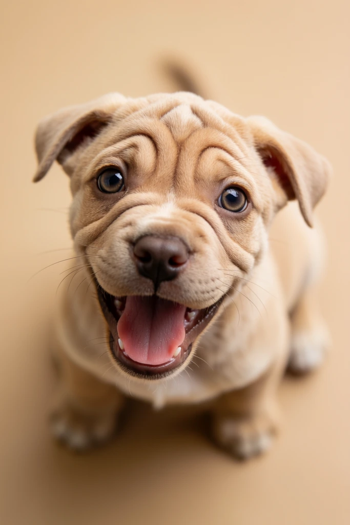 A close-up, high-angle portrait of a light tan puppy looking directly up at the camera with large, expressive brown eyes. The puppy's forehead is deeply wrinkled, and its ears are slightly floppy. Its mouth is open in a joyful expression, revealing a pink tongue, dark gums, and small white teeth. The puppy is sitting on a smooth, uniform beige surface. The lighting is soft and even, highlighting the texture of the dog's short fur and the wetness of its nose. The shallow depth of field keeps the face in sharp focus while the body and background softly blur out, emphasizing the puppy's face.