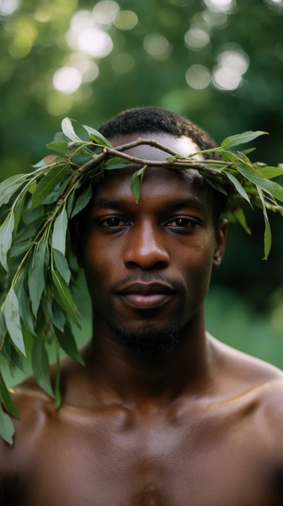 A close-up portrait of a shirtless Black man wearing a rustic headpiece made of a leafy green branch. He has short dark hair, a subtle goatee, and a steady gaze directed at the lens. The arched branch rests horizontally across his brow, featuring elongated green leaves that cascade down the left side of his face and shoulder. Soft natural daylight catches the highlights on his bare collarbones, chest, and the rich texture of his skin. The lush outdoor background is heavily obscured by a shallow depth of field, displaying deep green hues and prominent, circular white bokeh flares scattered across the upper frame.