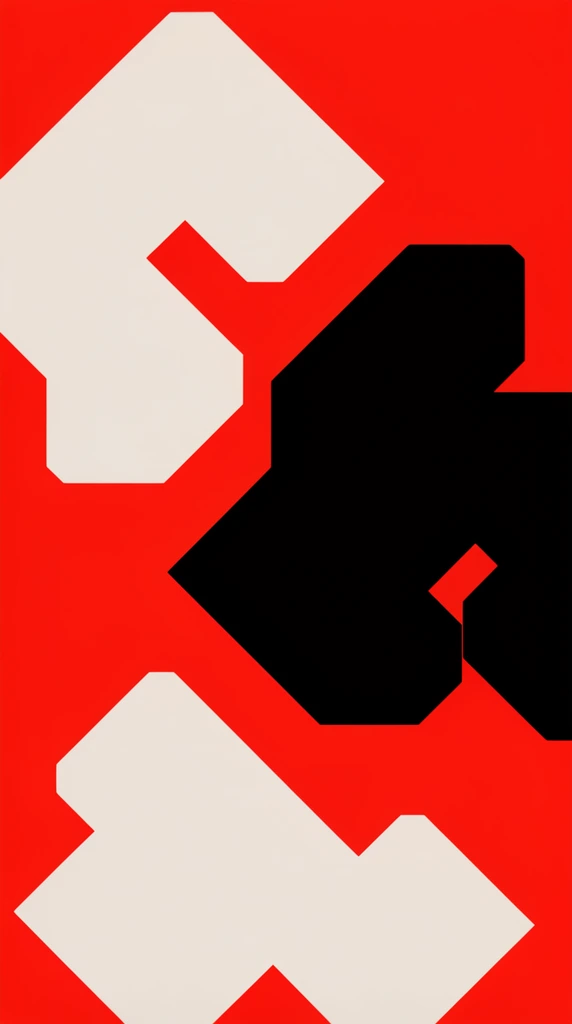 abstract geometric composition, vibrant flat red background, thick off-white interlocking geometric shapes in upper left and bottom, large dense black geometric forms positioned mid-right, sharp edges, high contrast graphic design, minimalist aesthetic, bold flat color palette