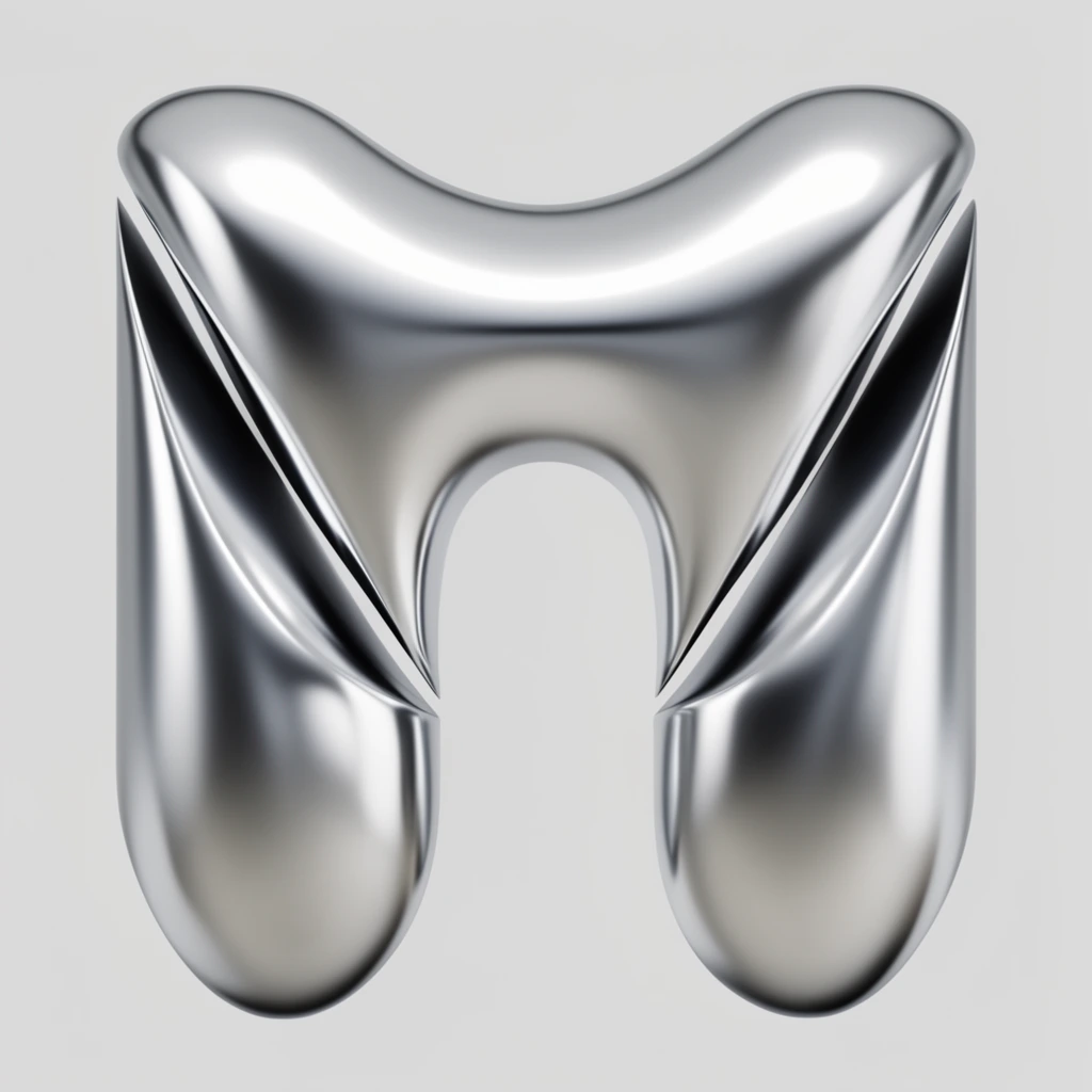 glossy silver 3D symmetrical abstract shape, undulating top edge, rounded downward legs, central arched cutout, deep angled separating slits, smooth metallic surface, flat gray background