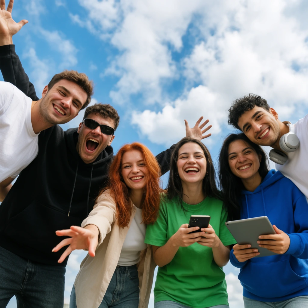 low angle shot of six diverse young adults looking down at the lens, energetic group portrait against a bright blue sky with fluffy white clouds, man in white t-shirt smiling, man in black hoodie shouting with arms wide, woman with reddish hair reaching forward, laughing woman in green t-shirt holding a smartphone, smiling woman in blue hoodie with a tablet, man in white shirt with headphones leaning close, bright natural daylight, candid lifestyle photography, joyful expressions, vibrant colors