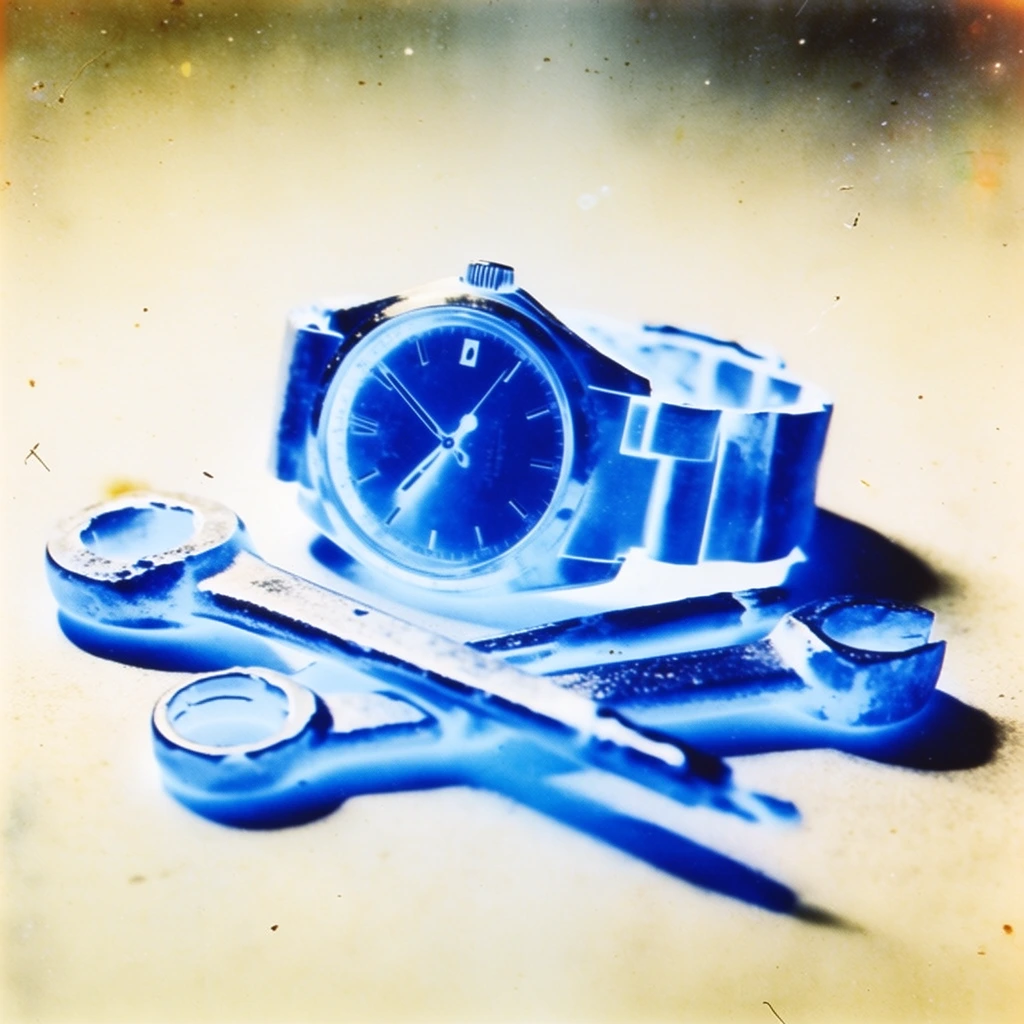 A watch and three metal tools rendered in a high-contrast, solarized photographic style with a striking cyanotype and inverted film aesthetic. The watch and tools glow with intense, luminous cobalt blue tones and harsh, icy white highlights, positioned centrally against a blown-out, overexposed pale cream and yellowish-beige background. Deep, saturated blue shadows pool heavily beneath the objects on the flat surface. The surreal, analog composition is characterized by photographic film artifacts, scattered vintage dust specks, soft-focus blurring around the outer edges, and a subtle warm vignette that emphasizes the vividly colored, glowing subjects isolated in the stark, minimalist environment.