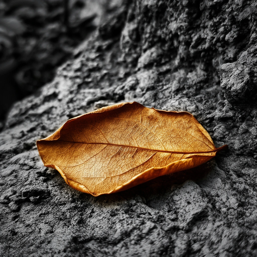 A vibrant golden-brown dried leaf rests on a heavily textured, desaturated gray surface. The oval leaf features an intricate network of fine veins and crisp, curled edges, lying horizontally across a rugged backdrop of deep crevices and porous textures resembling weathered rock. Captured in a striking macro photography style, the composition employs a dramatic selective color palette that isolates the warm amber tones against a stark, monochromatic environment. Strong directional lighting casts sharp micro-shadows to accentuate the delicate organic details and the coarse, craggy ground, while a shallow depth of field gently blurs the upper left frame.