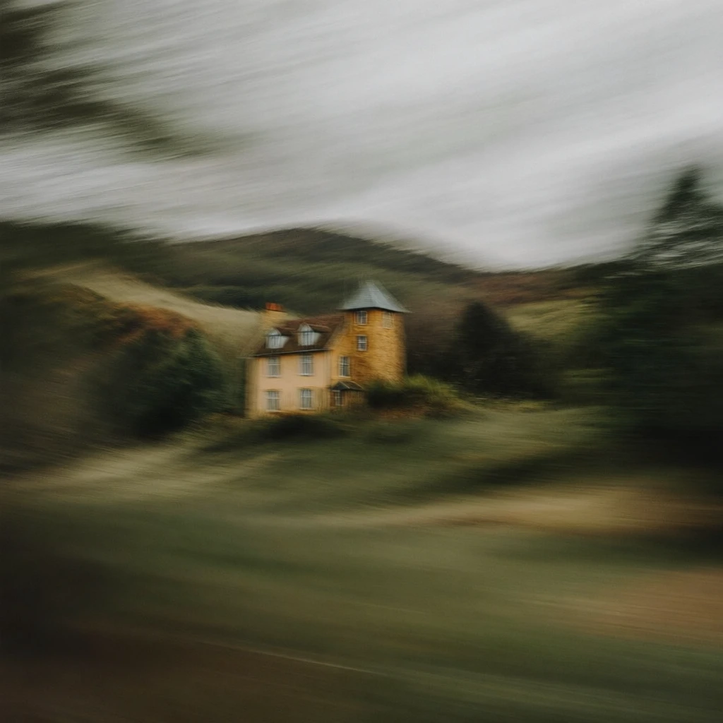 cinematic landscape with heavy horizontal motion blur, intentional camera movement, impressionistic painterly aesthetic, three-story cottage with a rustic stone tower, nestled among rolling hills and blurred trees, muted color palette of olive green, ochre, and slate grey, overcast sky, soft diffuse lighting, dreamlike liminal atmosphere, filmic texture with grain, horizontal streaks across the frame, wide shot composition, nostalgic and moody.