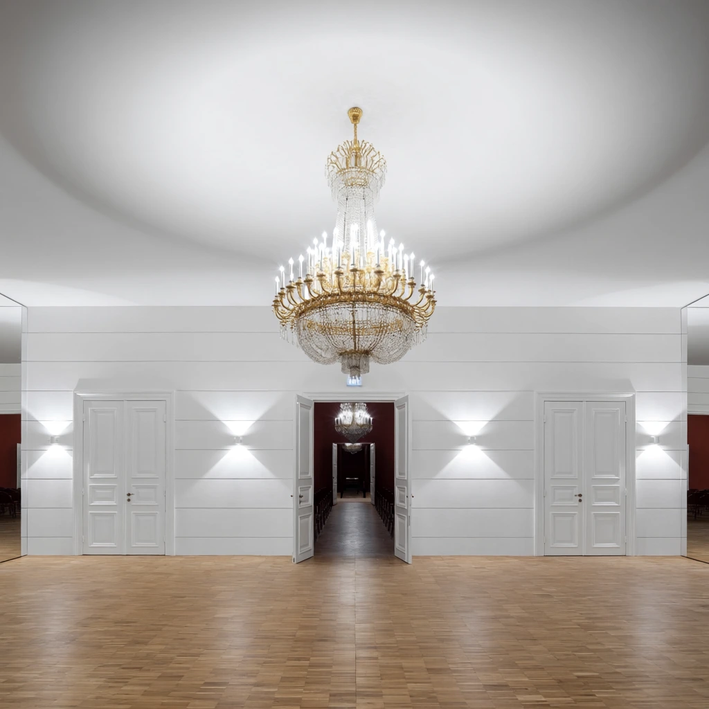 A massive, multi-tiered crystal and gold chandelier hangs centrally from a smooth, white, toroidal dropped ceiling in a spacious architectural interior. Symmetrically framed, the room features pristine white walls with horizontal grooves and three distinct entryways. The central double doors are open, offering a deep view into a hall with dark red walls, rows of seating, and a secondary chandelier. Two closed white paneled double doors flank the center, illuminated by modern wall sconces casting sharp starburst glares. A vast expanse of light wood parquet flooring anchors the foreground. The brightly lit, wide-angle perspective highlights the stark contrast between classical ornate fixtures and sleek, contemporary white architectural volumes, with subtle mirrored reflections on the extreme left and right edges.