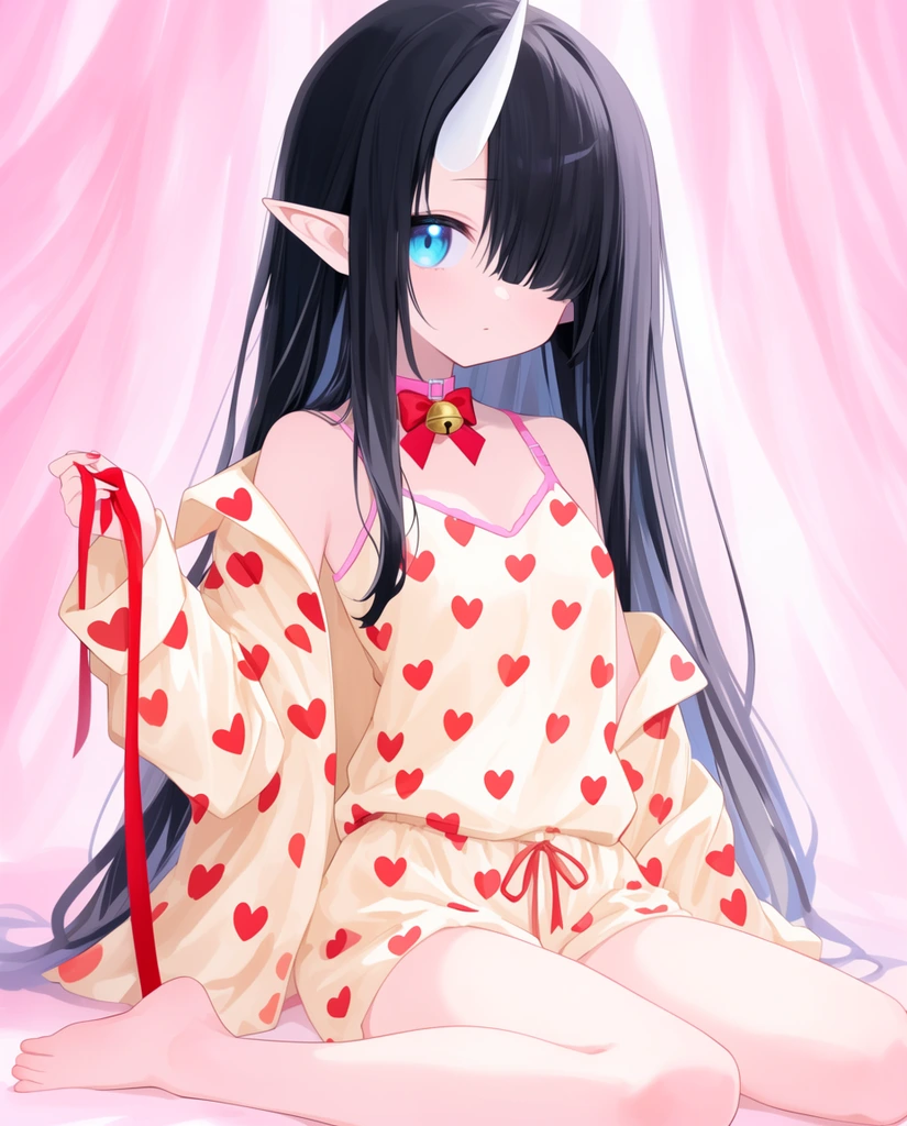 anime illustration of a seated girl with long black hair and pointy ears, single white horn on forehead, large blue eye, wearing cream pajamas with red hearts, oversized matching shirt slipping off shoulder, pink choker with red bow and gold bell, holding red ribbon, soft pink draped fabric background, pastel color palette, luminous lighting