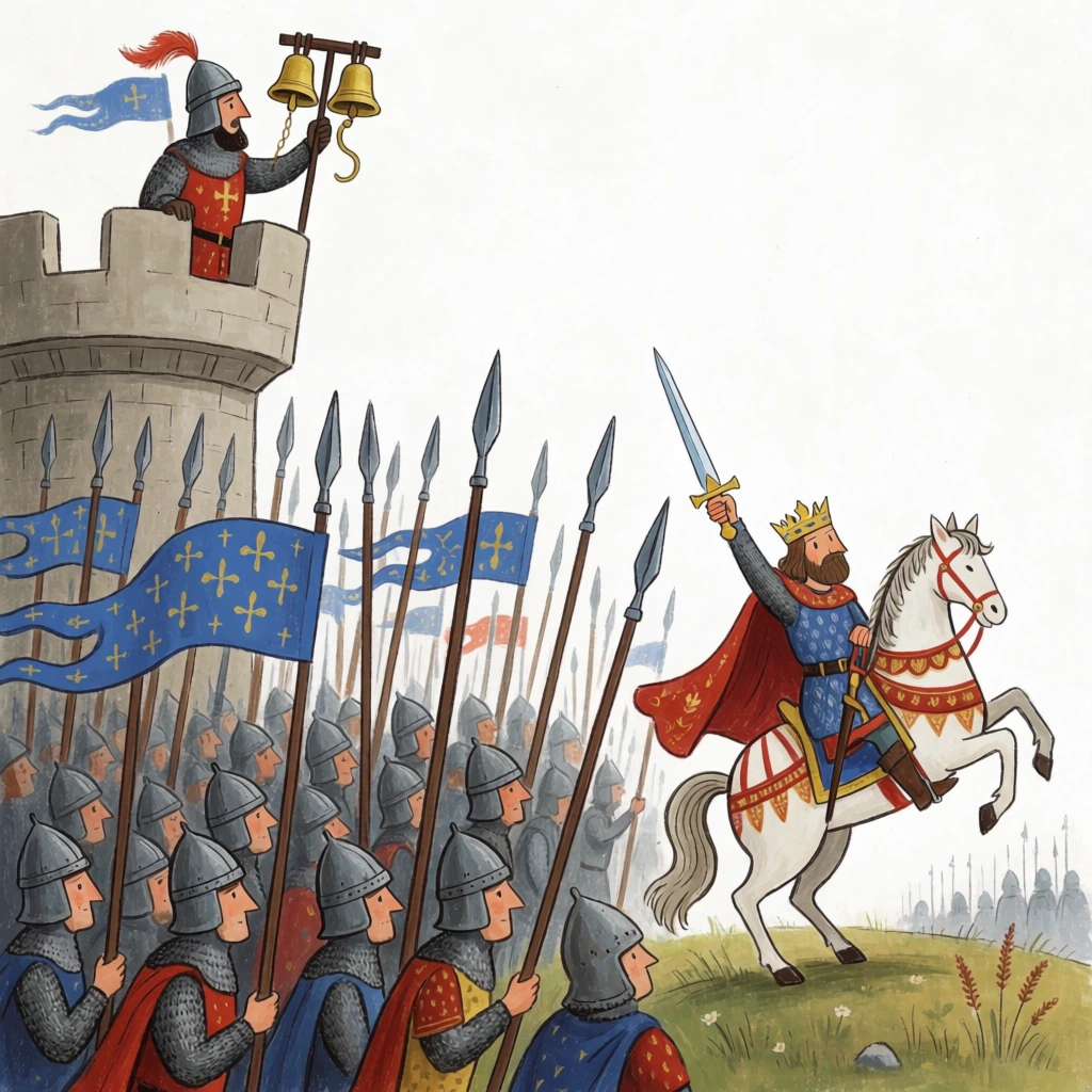 Whimsical illustration of a medieval army. A guard on a stone tower rings bells above a dense crowd of helmeted soldiers wielding tall spears and blue patterned flags. On the right, a crowned king on a rearing white horse raises his sword high.