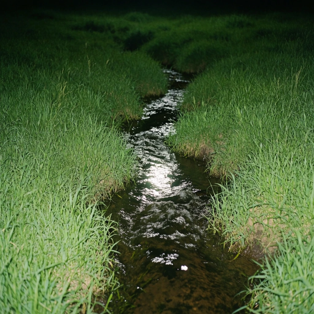 low-angle amateur digital photo of a winding stream cutting through a dense grassy field at night, harsh direct on-axis flash, liminal weirdcore aesthetic, vibrant saturated grass, dark murky water with high-specular glints from the flash, background falling into absolute black, flat high-contrast lighting, amateur point-and-shoot quality, heavy digital noise, slight lens flare, centered perspective, eerie and nostalgic atmosphere