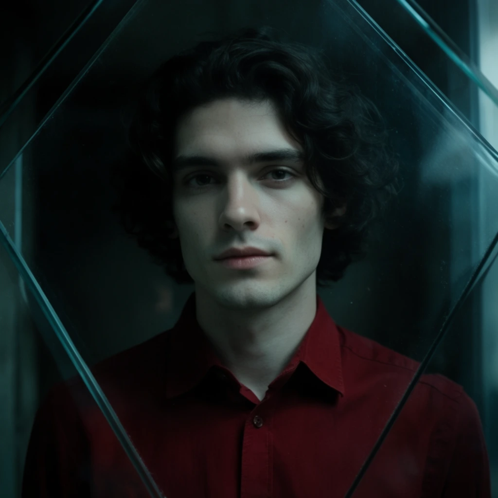 young adult man with dark wavy hair and pale skin, direct gaze with a calm neutral expression, deep red button-down collared shirt, positioned behind a transparent glass pane, angled glass edges forming a geometric frame, subtle surface reflections, dark atmospheric background, low-key cinematic lighting, cool teal shadows contrasting with the dark red shirt, close-up portrait framing, moody aesthetic