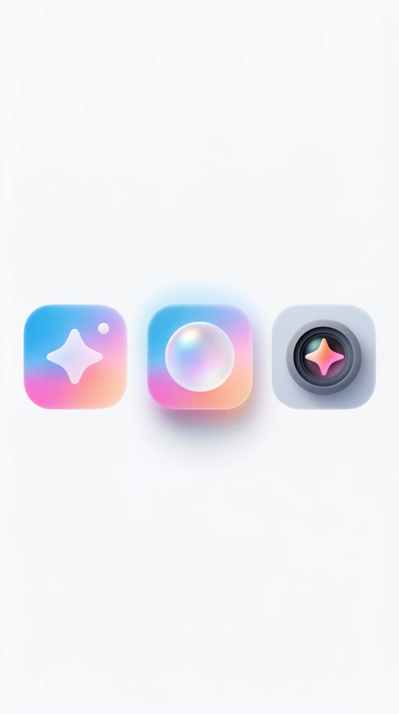 Three 3D-rendered rounded square icons arranged horizontally on a white background. The left icon has a vibrant sky blue, magenta, and peach gradient, featuring a soft white four-pointed star and a small upper-right dot. The middle icon uses the identical gradient base, centered with a translucent, pearlescent sphere that reflects pastel hues and casts a soft drop shadow. The right icon features a pale gray base with a dark gray, multi-layered circular camera lens structure containing a glowing pink and orange four-pointed star at its core. The design aesthetic utilizes soft volumetric lighting, minimalist shapes, and frosted glass textures.