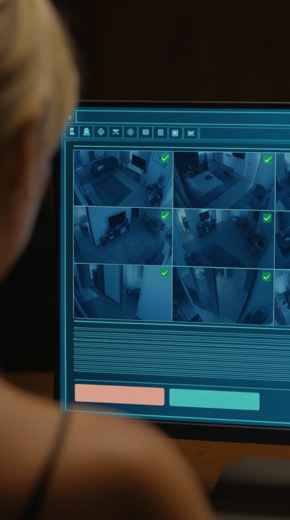 glowing cyan computer monitor displaying a grid of low-light security camera feeds, monochromatic blue-tinted interior rooms with small green checkmarks on each video panel, technical interface featuring top navigation icons and dense horizontal interface lines, two large rectangular buttons in pale coral and teal, over-the-shoulder perspective of a blurred foreground person with blonde hair and thin shoulder strap observing the display, cinematic shallow depth of field, sharp focus on the monitor, dark moody atmosphere, cool screen glare against warm ambient shadows