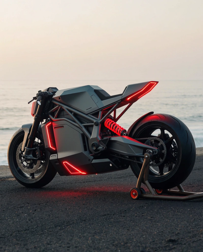 A matte gray futuristic motorcycle stands in sharp side profile on dark coastal asphalt against a calm, pale ocean. The custom machine features minimalist geometric bodywork, an exposed tubular trellis frame, and a massive central casing. Vibrant neon red LED accents illuminate the undercarriage, side panels, and a sharply pointed, elevated tail section. A bright red monoshock coil spring connects the frame to a heavy swingarm over wide, smooth tires. Low-slung handlebars and large disc brakes emphasize its aggressive stance. Resting on a rear wheel paddock stand with small orange wheels, the bike is captured with soft, diffused natural lighting that contrasts the hazy, muted seascape with the striking crimson glow of the technological components.