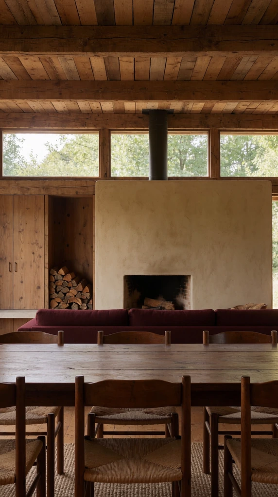 A rustic modern interior featuring a foreground dark wood dining table surrounded by chairs with woven seats. Behind the table, a low burgundy sofa faces a minimalist beige plaster fireplace and an adjacent built-in wood cabinet storing stacked firewood. Above, an exposed wood plank ceiling meets a band of clerestory windows framing lush green trees, filling the warm, earthy space with natural daylight.