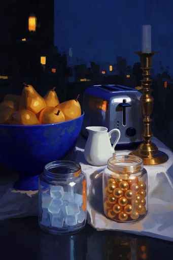 Luminous Nocturnal Whimsy style reference image — high-contrast indigo and gold