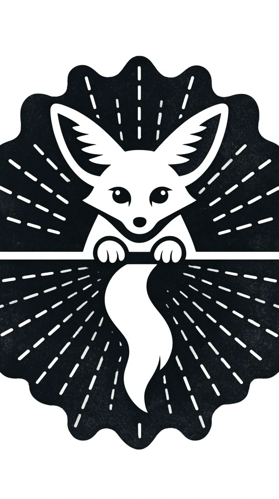 A stark monochrome emblem features a stylized white fennec fox peering over a central horizontal band. The creature has oversized pointed ears, round dark eyes, and a descending wavy tail. A dark scalloped badge background holds radiating white dashed lines forming a dynamic starburst. The flat vector artwork uses high-contrast symmetrical balance and a subtle grainy texture resembling a retro linocut print.