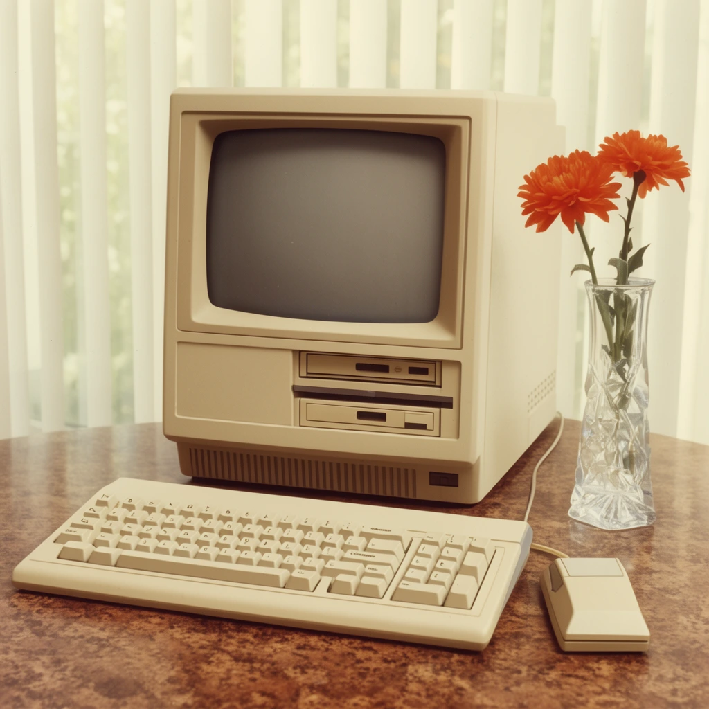 A vintage beige desktop computer with an integrated CRT monitor and disk drives sits on a brown speckled surface alongside a mechanical keyboard and blocky mouse. A clear glass vase holding two bright orange flowers rests to the right. Vertical white window blinds diffuse soft natural light in the background. The aesthetic mimics 1980s product photography with a warm, faded palette and centered composition.