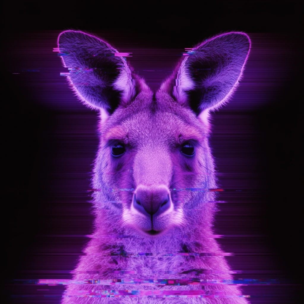 Frontal portrait of a kangaroo rendered in vibrant neon purple, heavily distorted by digital glitch art effects. The subject faces forward with tall pointed ears, dark eyes, and a prominent snout. Thick horizontal CRT scanlines and retro tracking artifacts disrupt the fur texture. The vivid violet and magenta monochromatic palette stands in stark contrast against a solid pitch-black background, blending organic wildlife features with aggressive retro-futuristic digital interference.