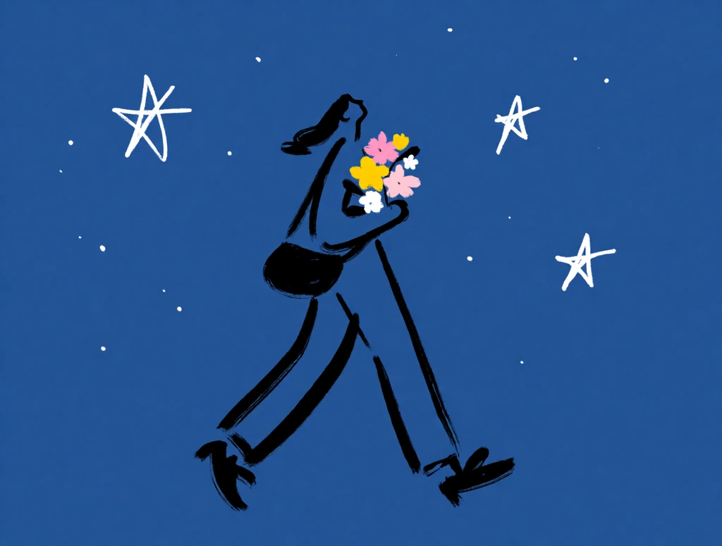 A minimalist digital illustration of an elongated figure striding gracefully through a dark blue starry night. Rendered in loose, gestural black brushstrokes, the highly stylized person walks in profile toward the right with their head tilted upwards. A vibrant cluster of yellow, pink, and white flowers rests on their chest. The figure wears long trousers, shoes, and a cross-body bag, with hair trailing backward conveying forward motion. The solid flat blue background features three prominent, hand-drawn white stars formed by simple intersecting lines, surrounded by scattered small white dots. The artwork features a whimsical, serene aesthetic characterized by expressive naive line art and stark negative space.