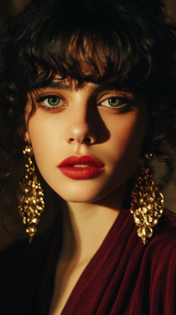 Close-up portrait of a young woman, dark curly hair with bangs, striking green eyes, red lips, large ornate gold drop earrings, burgundy garment, dramatic chiaroscuro lighting, deep shadows, vintage high fashion editorial, cinematic styling, rich warm tones