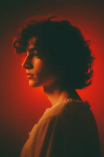 Crimson Kinetic Noir style reference image — heavy film grain