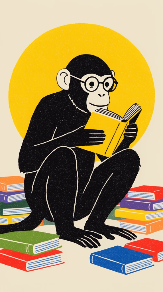 black monkey in round glasses reading a yellow book, crouched among scattered colorful books, yellow circular backdrop, retro flat illustration, stippled texture