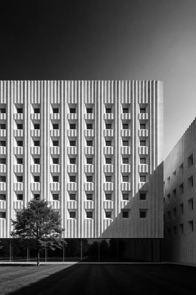 High-contrast black and white architectural photograph of a monumental building featuring a facade of repeating vertical fluted columns. Small, deeply inset square windows create a precise grid across the textured surface above a dark glass ground floor. A lone leafy tree stands on the lower left lawn. An adjoining structure on the right casts a sharp diagonal shadow under a dramatic gradient sky.