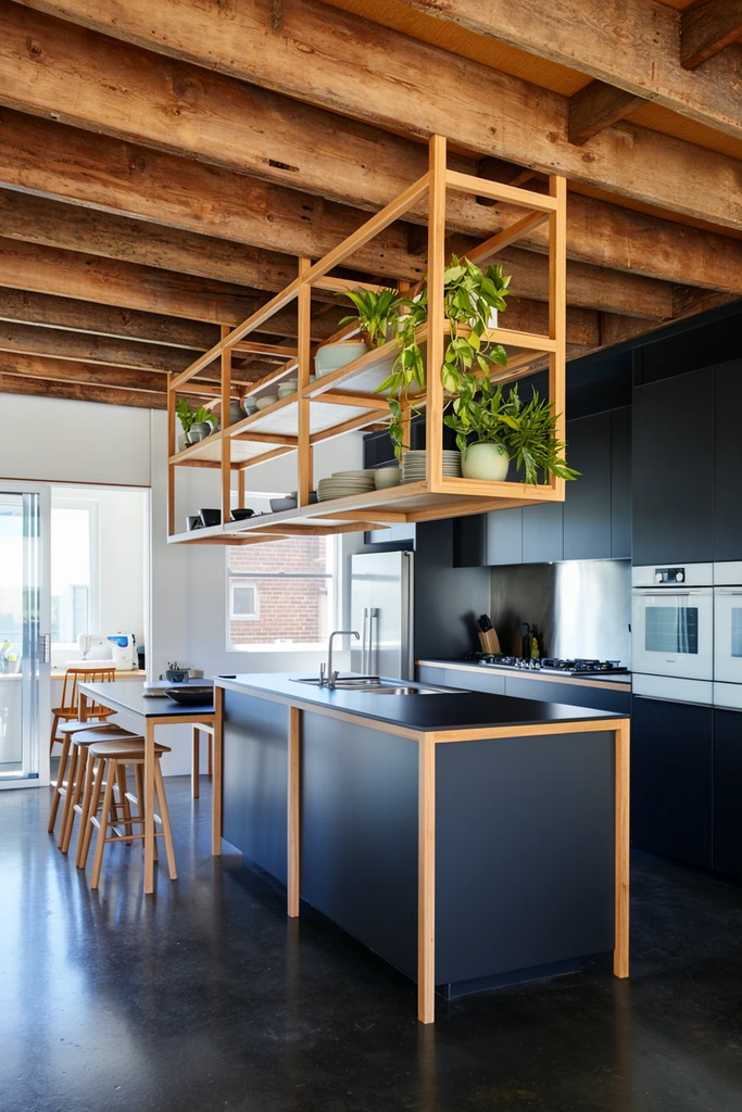 A modern open-plan kitchen featuring exposed rustic wooden ceiling joists and sleek dark cabinetry. A large matte-black island with light wood framing anchors the space, topped by a suspended open-frame wooden shelving unit displaying ceramic dishes and vibrant potted plants. A lower dining extension to the left is paired with three backless wooden bar stools. The right wall features floor-to-ceiling dark cabinets housing built-in white ovens, alongside a stainless steel backsplash and stovetop. A stainless steel refrigerator stands near a window overlooking a brick building. On the far left, bright daylight streams through sliding glass doors, illuminating a small desk with a sewing machine and wooden chair. The dark polished concrete floor perfectly grounds the warm wood textures in this wide, straight-on architectural photography composition.